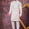 Designer Off White Armani Embroidered Wedding Kurta Pyjama Set for Men
