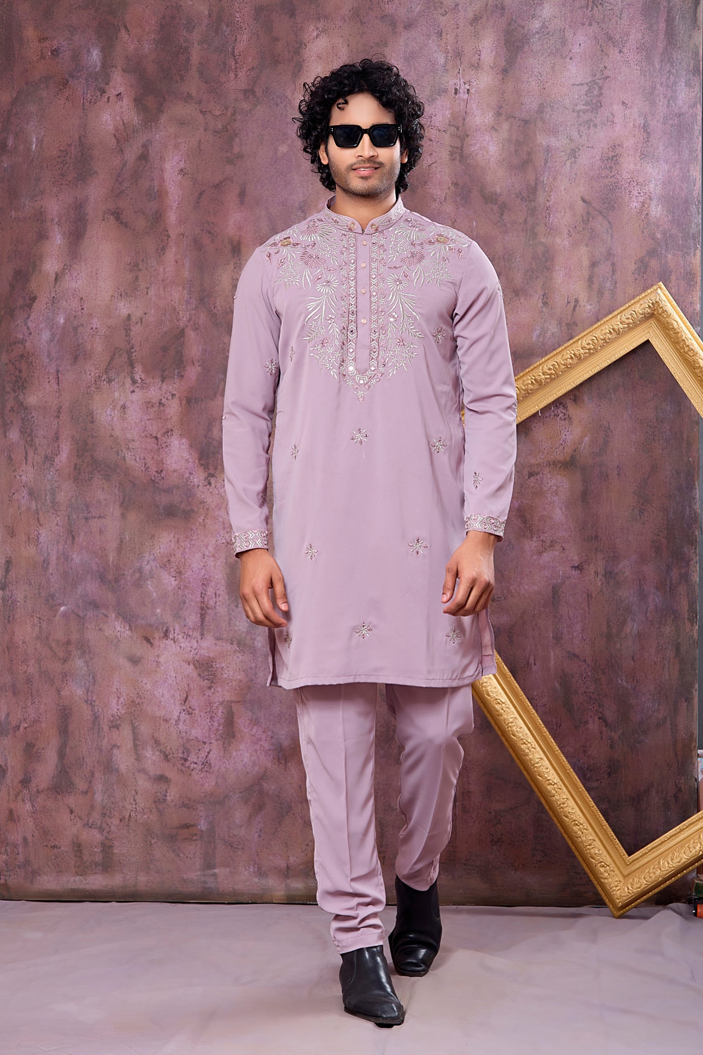 Amazing Mauve Armani Embroidered Wedding Kurta Pyjama Set for Men