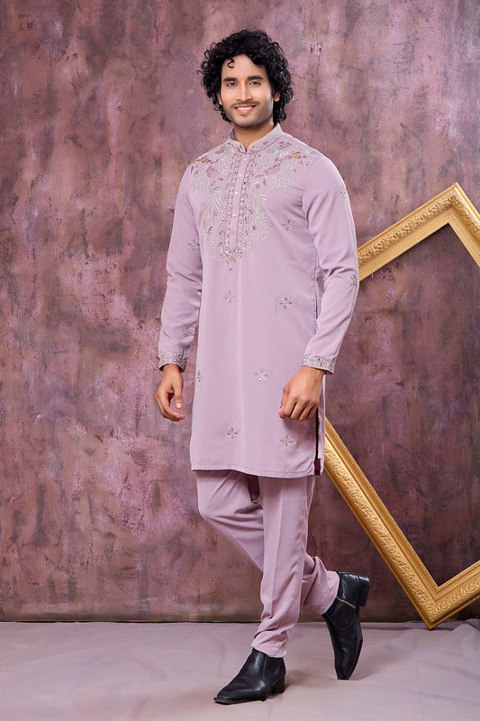 Amazing Mauve Armani Embroidered Wedding Kurta Pyjama Set for Men