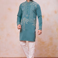 Fancy Teal Green Armani Fabric Embroidered Wedding Kurta Pyjama Set for Men