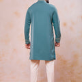 Fancy Teal Green Armani Fabric Embroidered Wedding Kurta Pyjama Set for Men