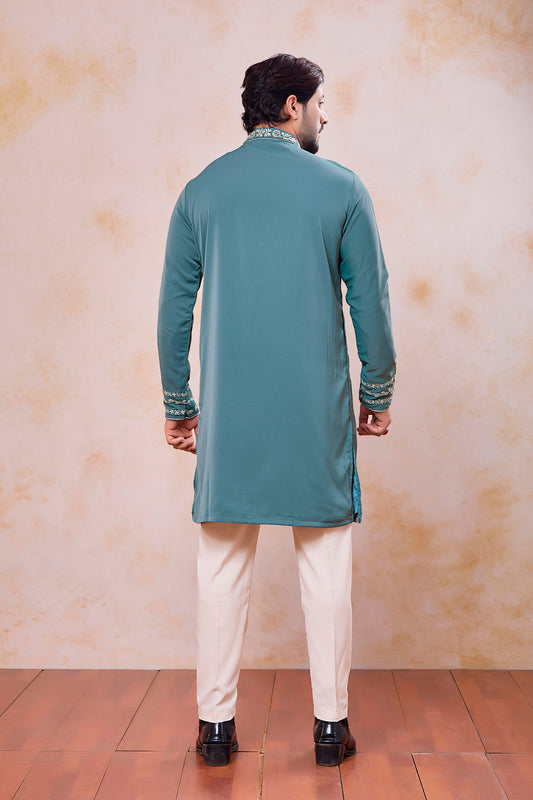 Fancy Teal Green Armani Fabric Embroidered Wedding Kurta Pyjama Set for Men