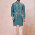 Fancy Teal Green Armani Fabric Embroidered Wedding Kurta Pyjama Set for Men