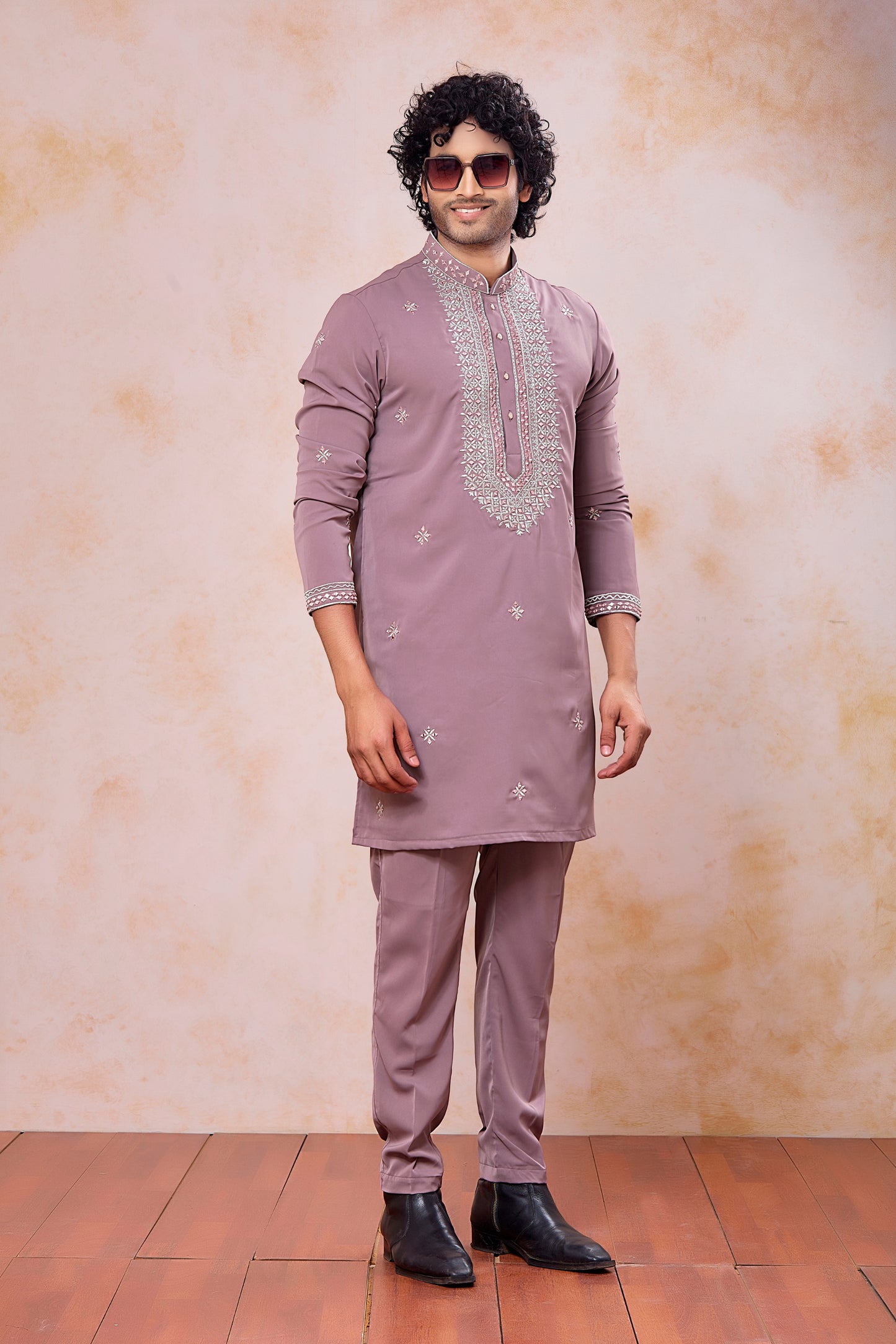 Charming Mauve Armani Embroidered Wedding Kurta Pyjama Set for Men