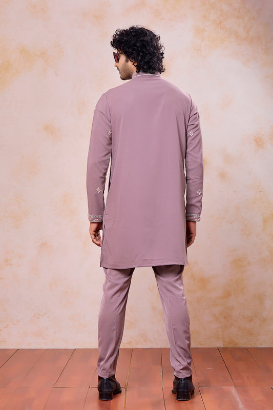 Charming Mauve Armani Embroidered Wedding Kurta Pyjama Set for Men