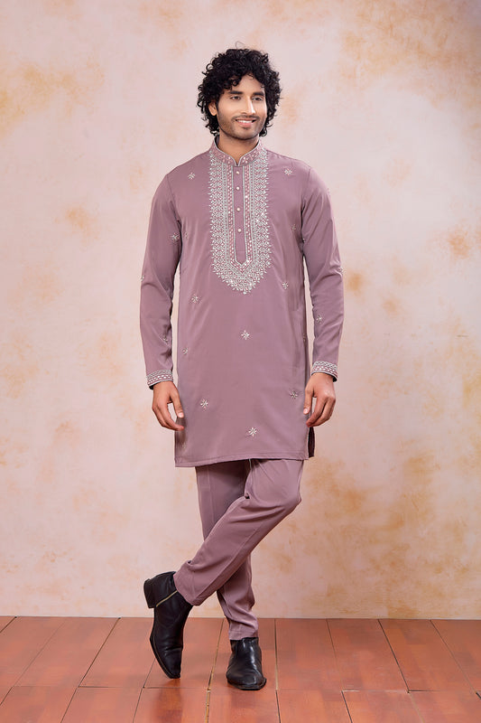 Charming Mauve Armani Embroidered Wedding Kurta Pyjama Set for Men