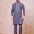 Stylish Grey Armani Fabric Embroidered Wedding Kurta Pyjama Set for Men