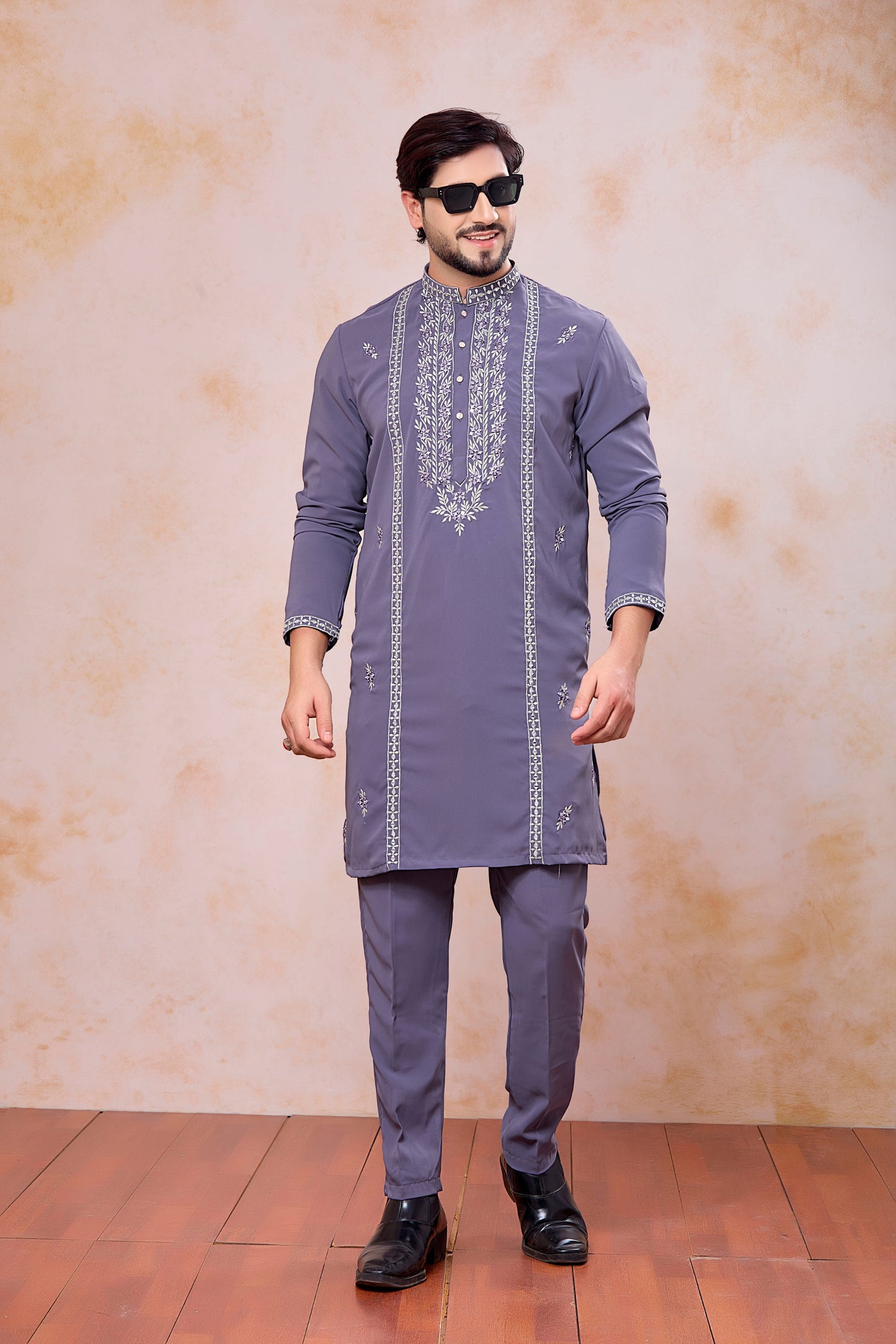 Stylish Grey Armani Fabric Embroidered Wedding Kurta Pyjama Set for Men