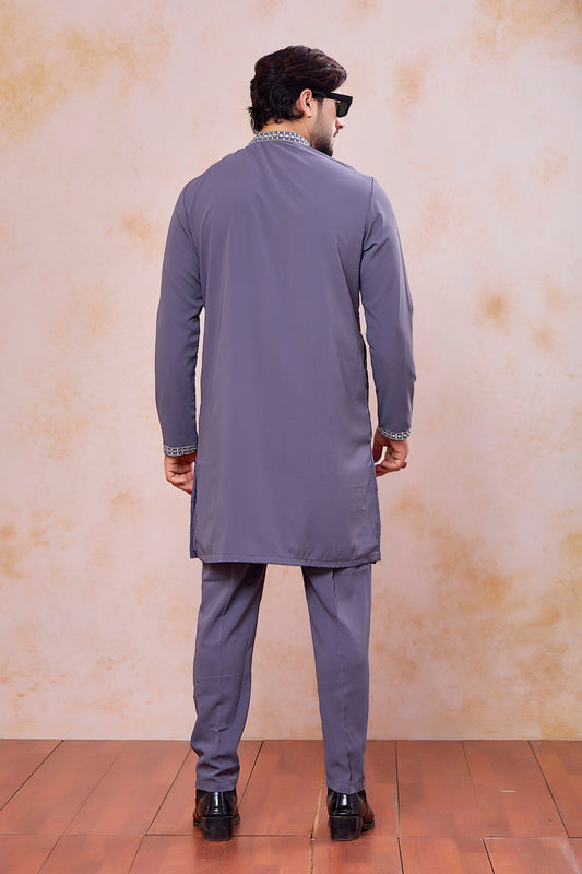Stylish Grey Armani Fabric Embroidered Wedding Kurta Pyjama Set for Men
