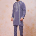 Stylish Grey Armani Fabric Embroidered Wedding Kurta Pyjama Set for Men