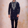 Impressive Navy Blue Armani Embroidered Wedding Kurta Pyjama Set for Men
