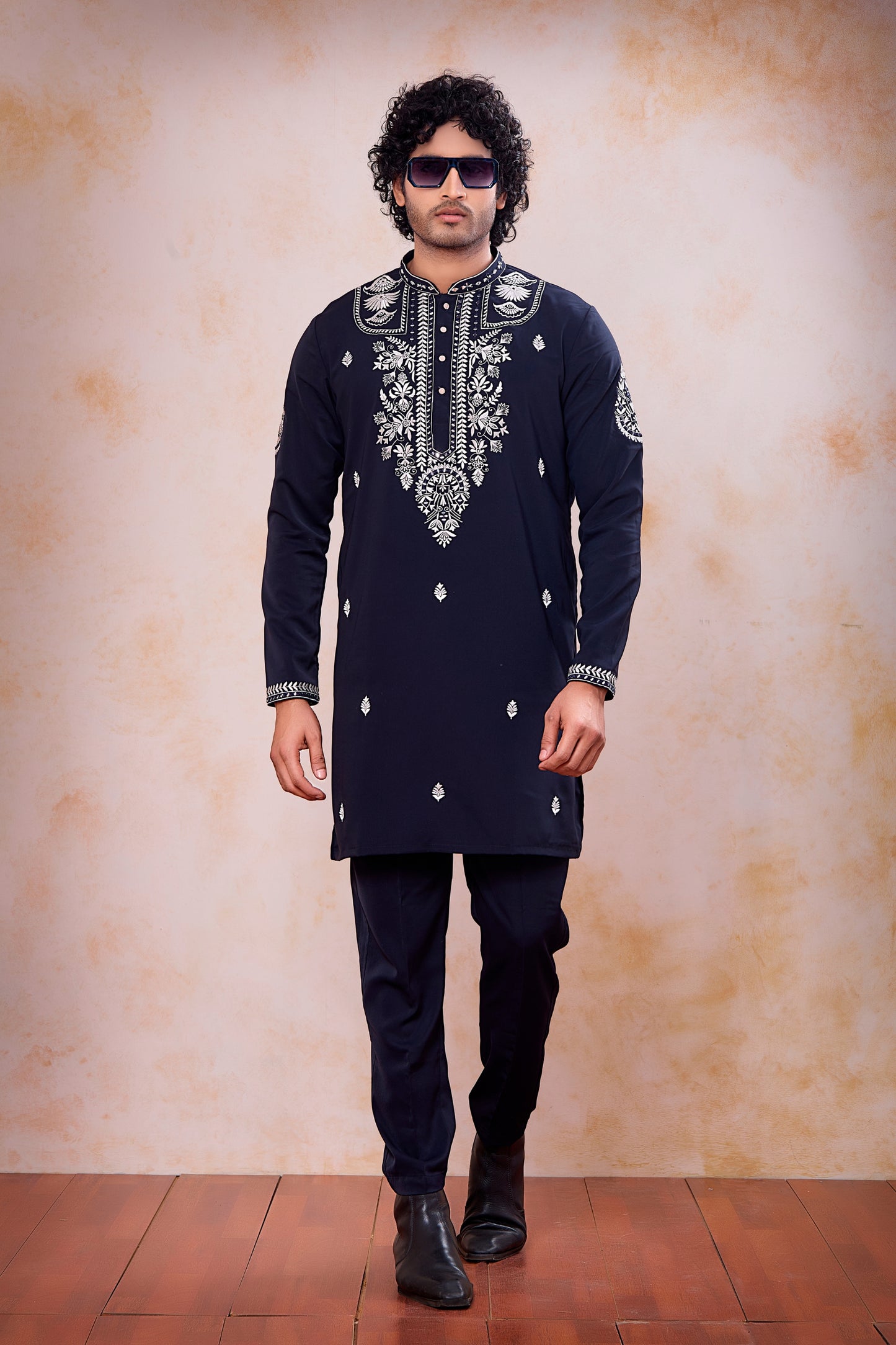 Impressive Navy Blue Armani Embroidered Wedding Kurta Pyjama Set for Men