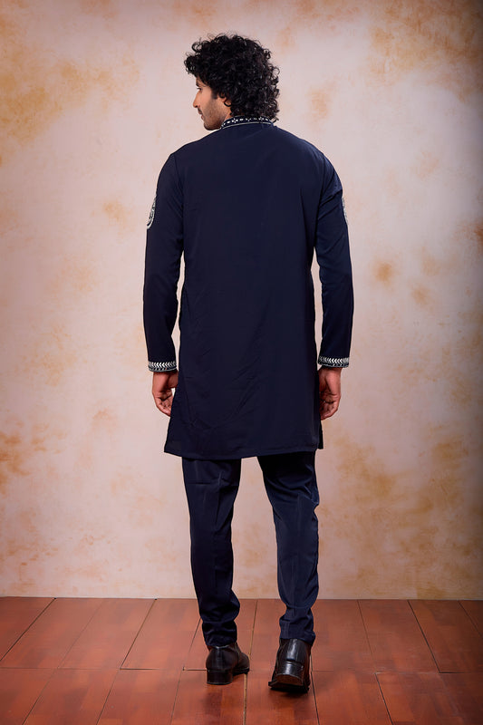 Impressive Navy Blue Armani Embroidered Wedding Kurta Pyjama Set for Men