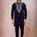Impressive Navy Blue Armani Embroidered Wedding Kurta Pyjama Set for Men