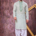 Refreshing Mint Green Cotton Embroidered Patiyala Style Kurta Pyjama Set for Men