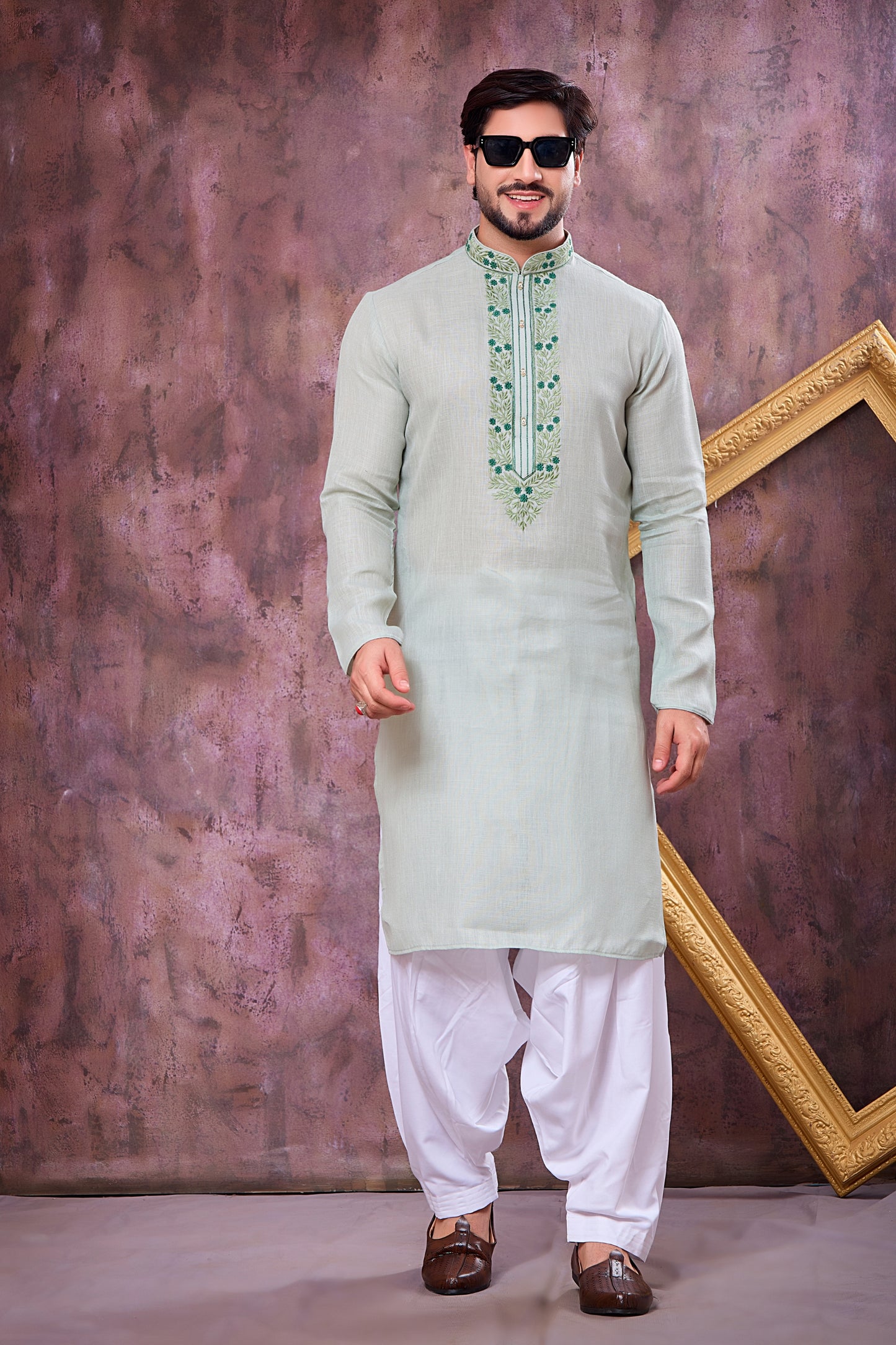 Refreshing Mint Green Cotton Embroidered Patiyala Style Kurta Pyjama Set for Men