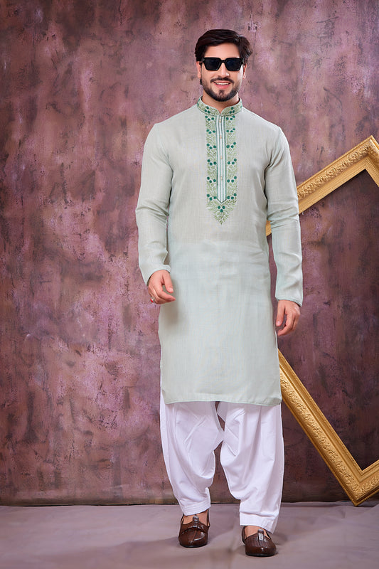 Refreshing Mint Green Cotton Embroidered Patiyala Style Kurta Pyjama Set for Men