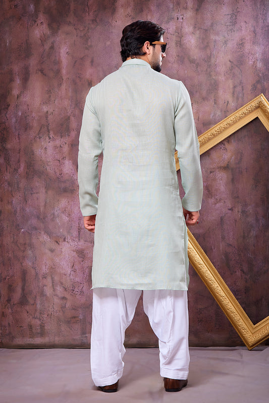 Refreshing Mint Green Cotton Embroidered Patiyala Style Kurta Pyjama Set for Men