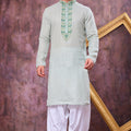 Refreshing Mint Green Cotton Embroidered Patiyala Style Kurta Pyjama Set for Men