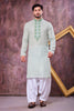 Refreshing Mint Green Cotton Embroidered Patiyala Style Kurta Pyjama Set for Men
