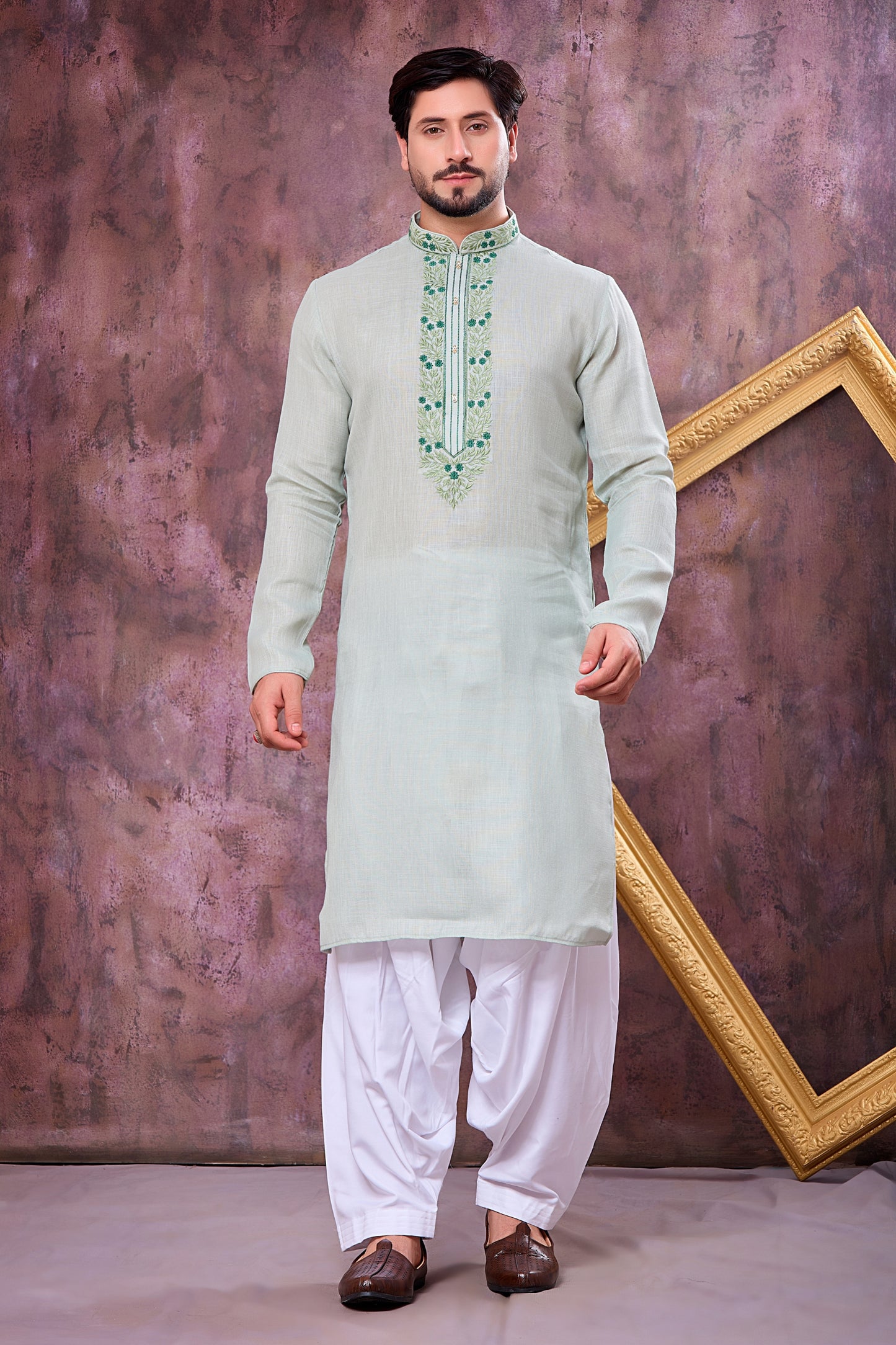 Refreshing Mint Green Cotton Embroidered Patiyala Style Kurta Pyjama Set for Men