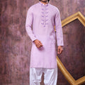 Wow Lavender Cotton Embroidered Patiyala Style Kurta Pyjama Set for Men