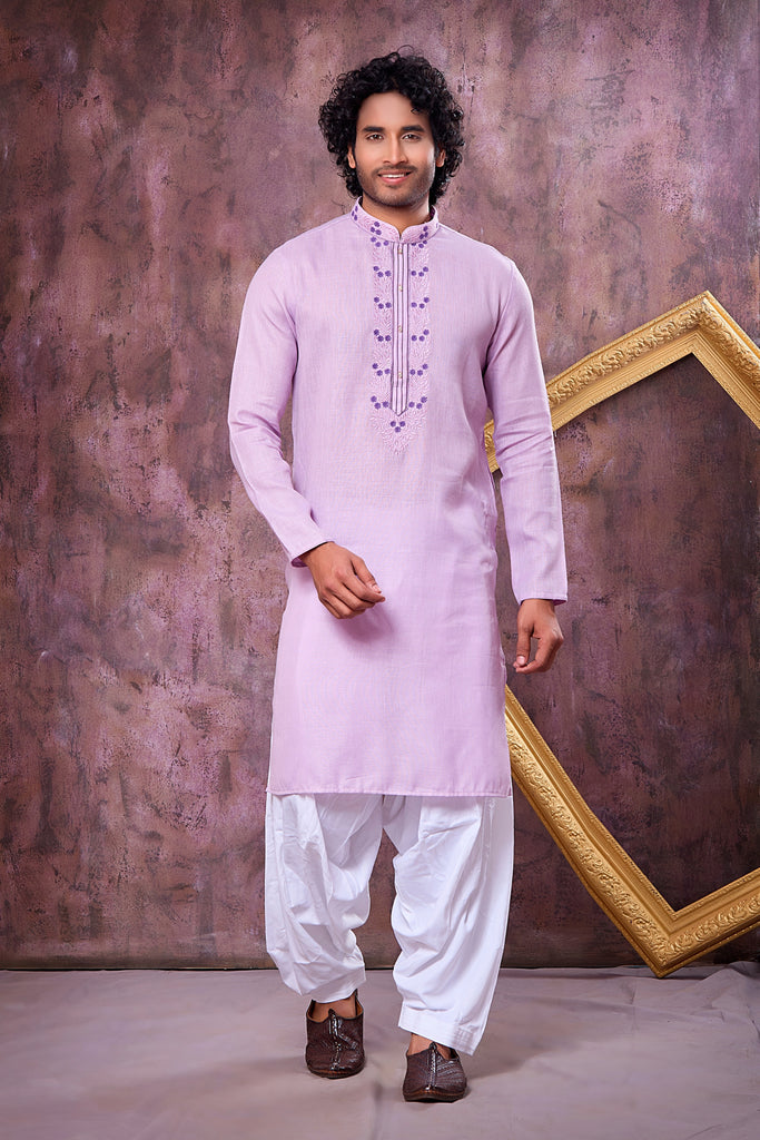 Wow Lavender Cotton Embroidered Patiyala Style Kurta Pyjama Set for Men