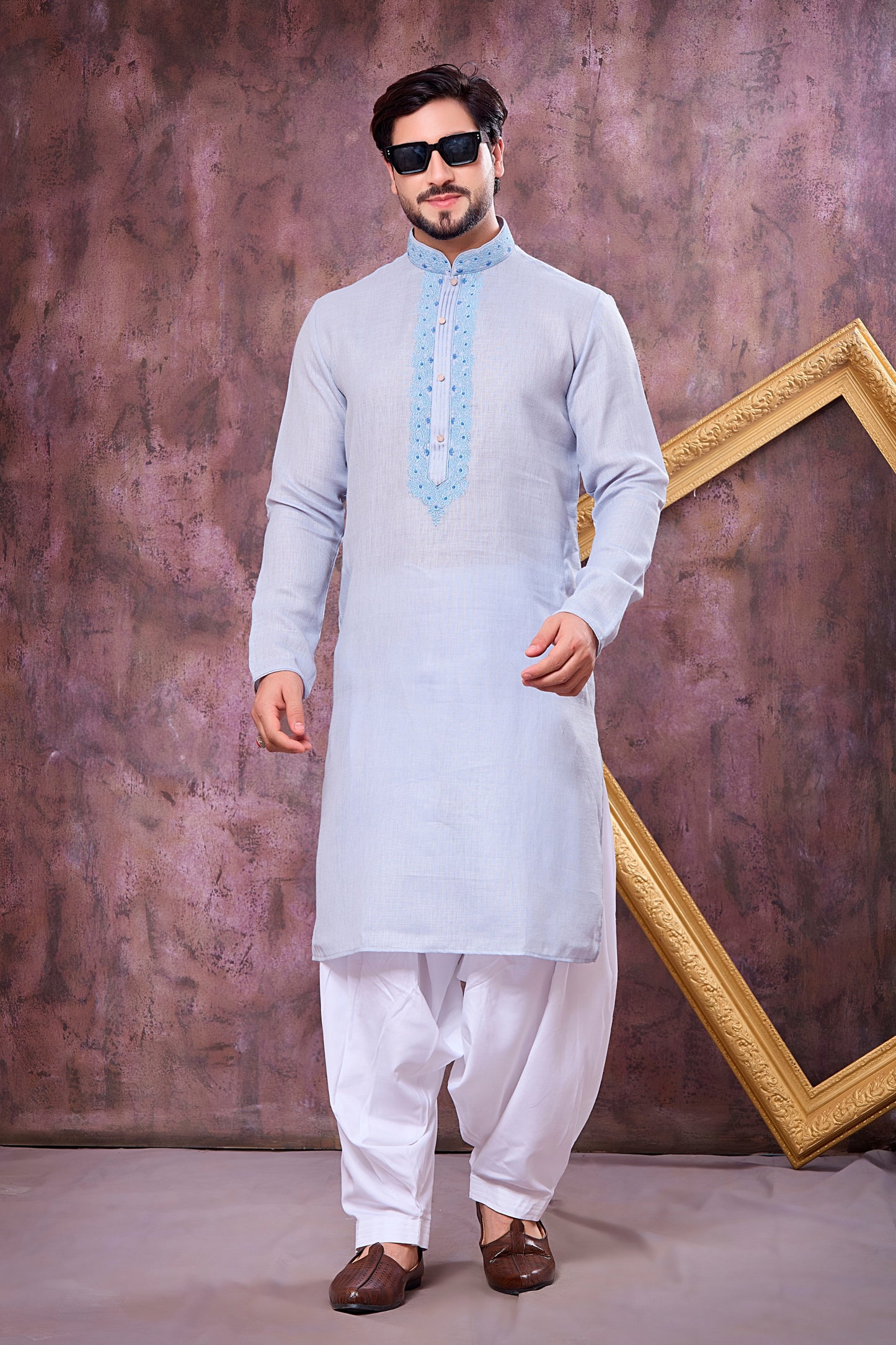 Grateful Sky Blue Cotton Embroidered Patiyala Style Kurta Pyjama Set for Men