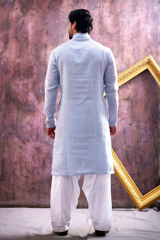 Grateful Sky Blue Cotton Embroidered Patiyala Style Kurta Pyjama Set for Men