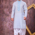 Grateful Sky Blue Cotton Embroidered Patiyala Style Kurta Pyjama Set for Men