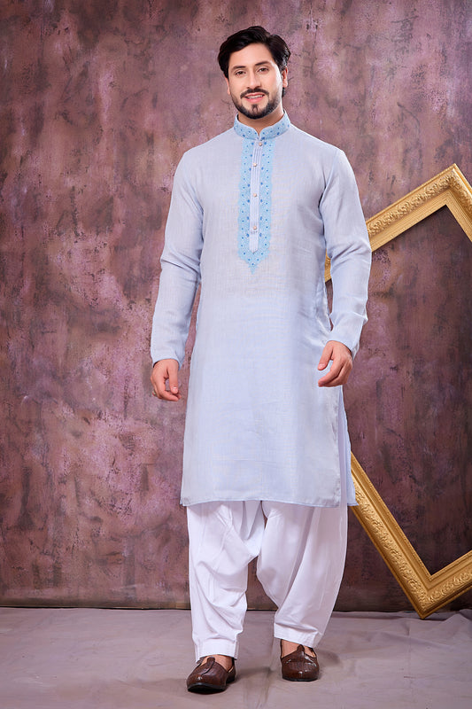 Grateful Sky Blue Cotton Embroidered Patiyala Style Kurta Pyjama Set for Men