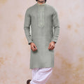 Fancy Green Cotton Embroidered Patiyala Style Kurta Pyjama Set for Men