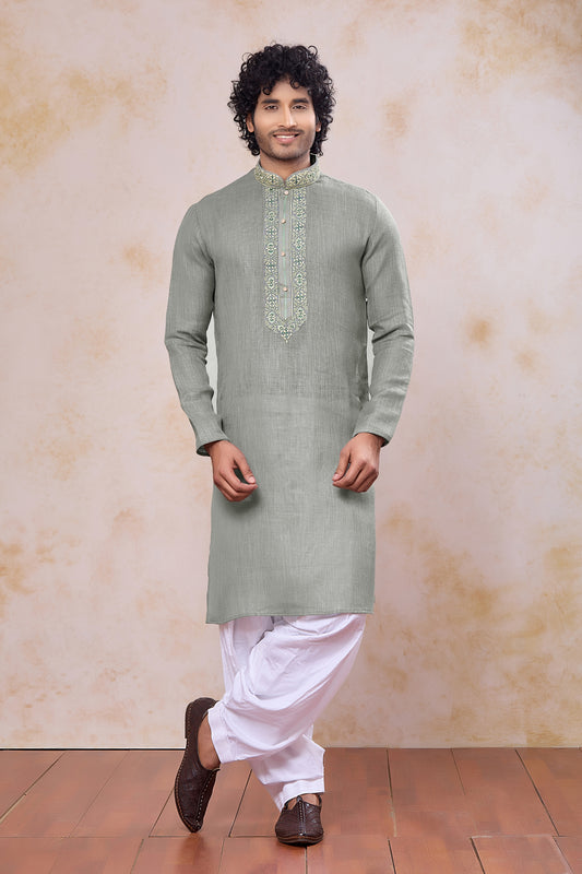 Fancy Green Cotton Embroidered Patiyala Style Kurta Pyjama Set for Men