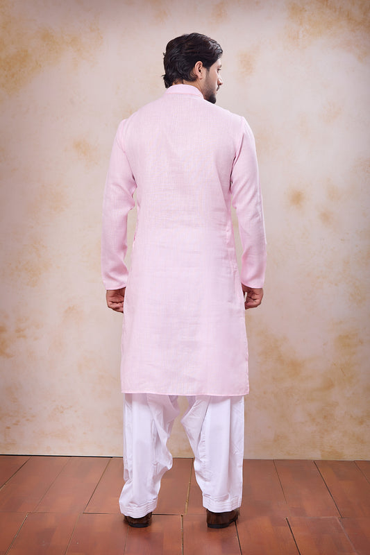 Handsome Pink Cotton Embroidered Patiyala Style Kurta Pyjama Set for Men