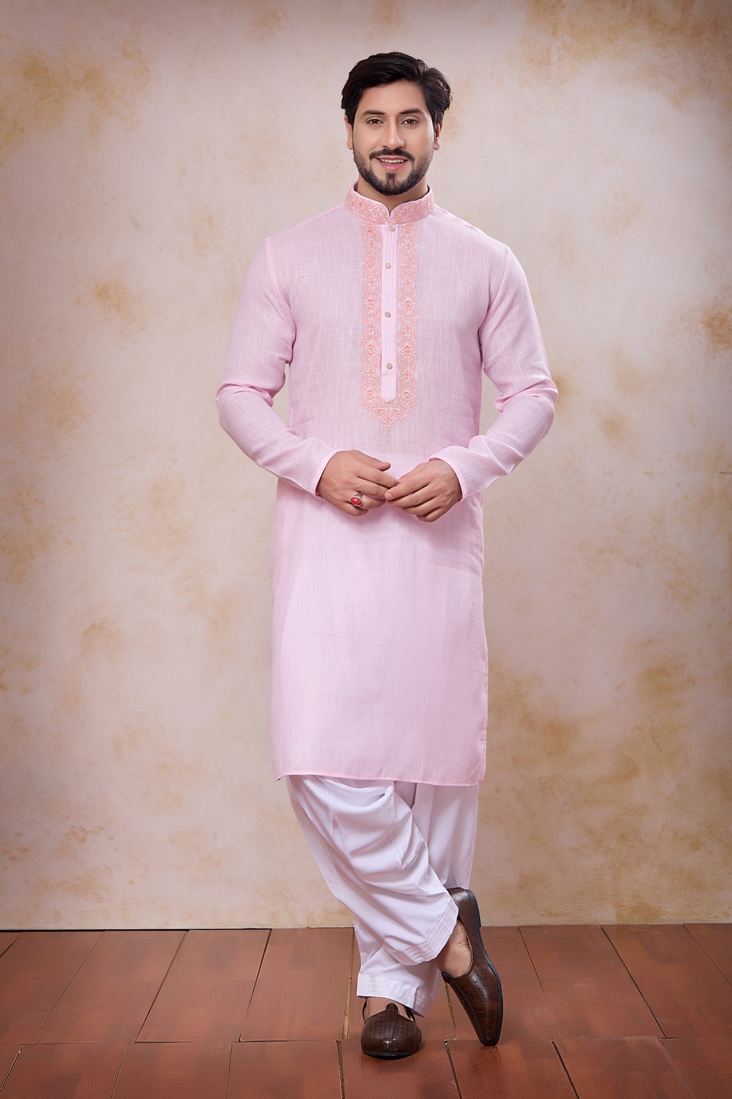 Handsome Pink Cotton Embroidered Patiyala Style Kurta Pyjama Set for Men 