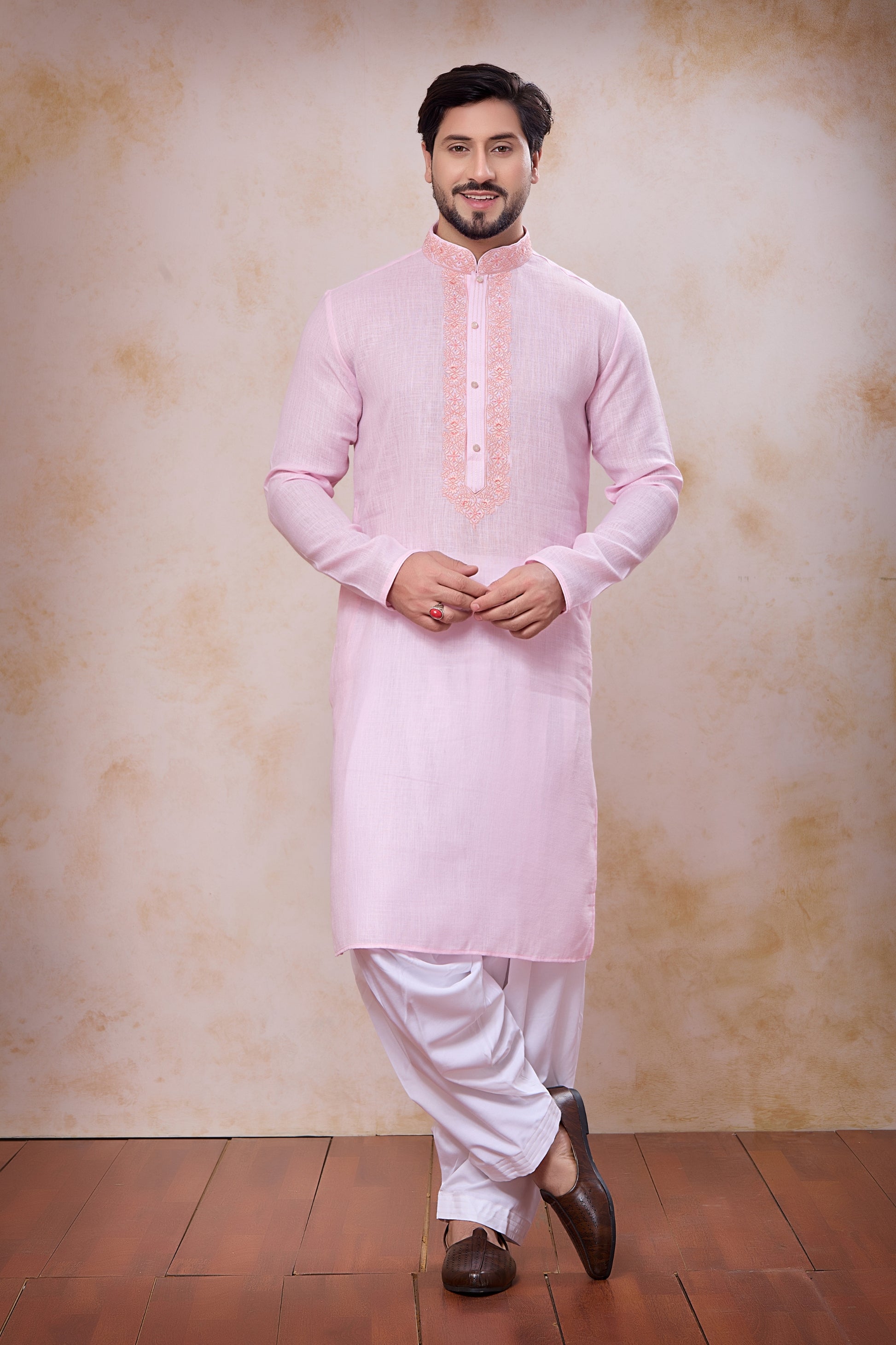 Handsome Pink Cotton Embroidered Patiyala Style Kurta Pyjama Set for Men 