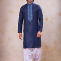 Elegant Navy Blue Cotton Embroidered Kurta with Patiala Style Pyjama for Men