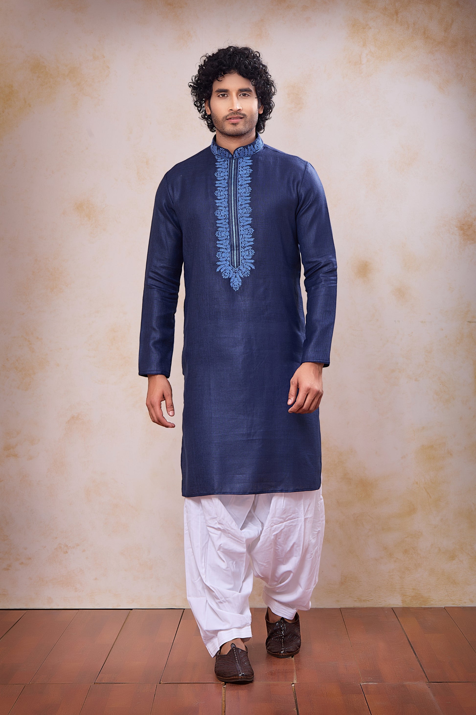 Elegant Navy Blue Cotton Embroidered Kurta with Patiala Style Pyjama for Men
