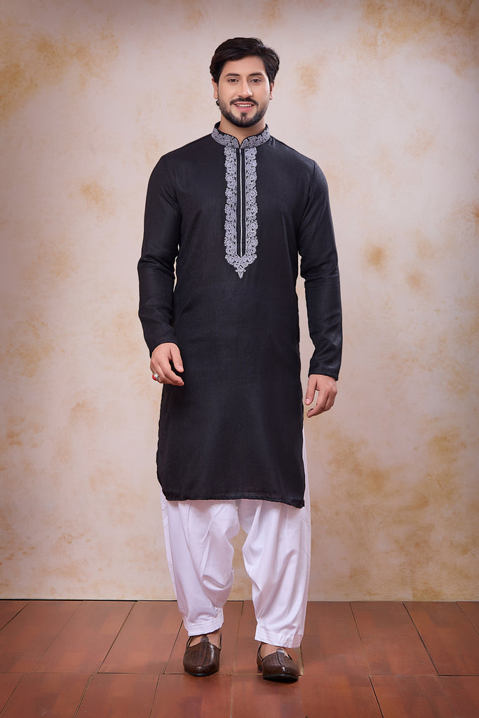 Classic Black Cotton Embroidered Kurta with Patiala Style Pyjama for Men