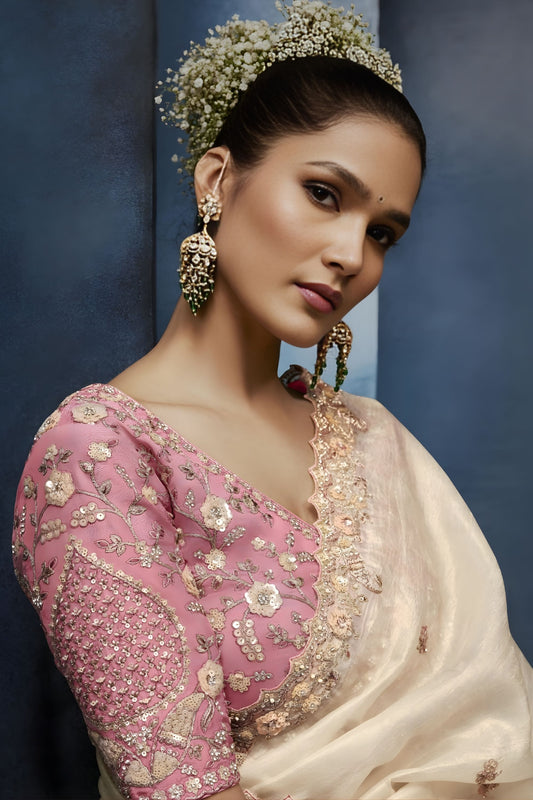 Luxury Off White Embroidered Saree with Designer Blouse