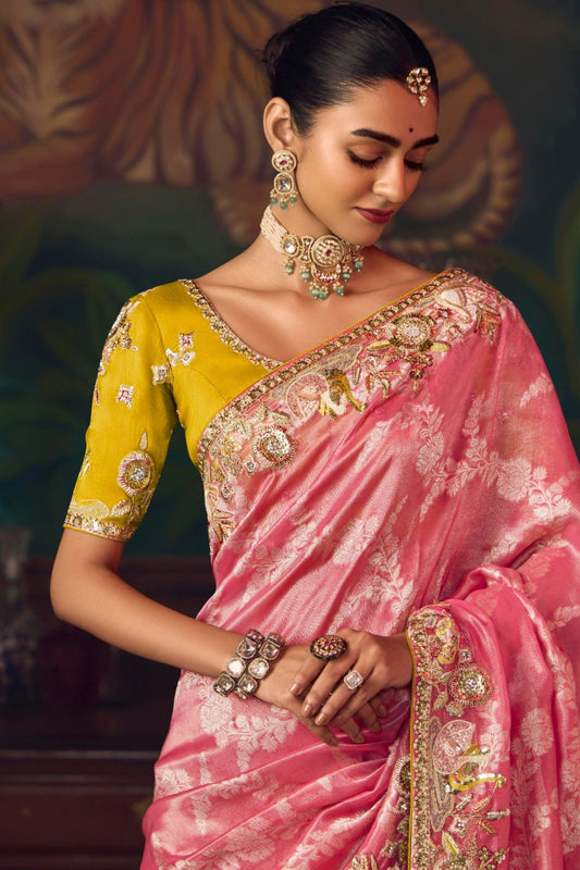 Pink Banarasi Silk Saree with Golden Zari Contrast Yellow Blouse