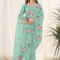 Mint Green Organza Saree Floral Embroidery Work Designer Blouse