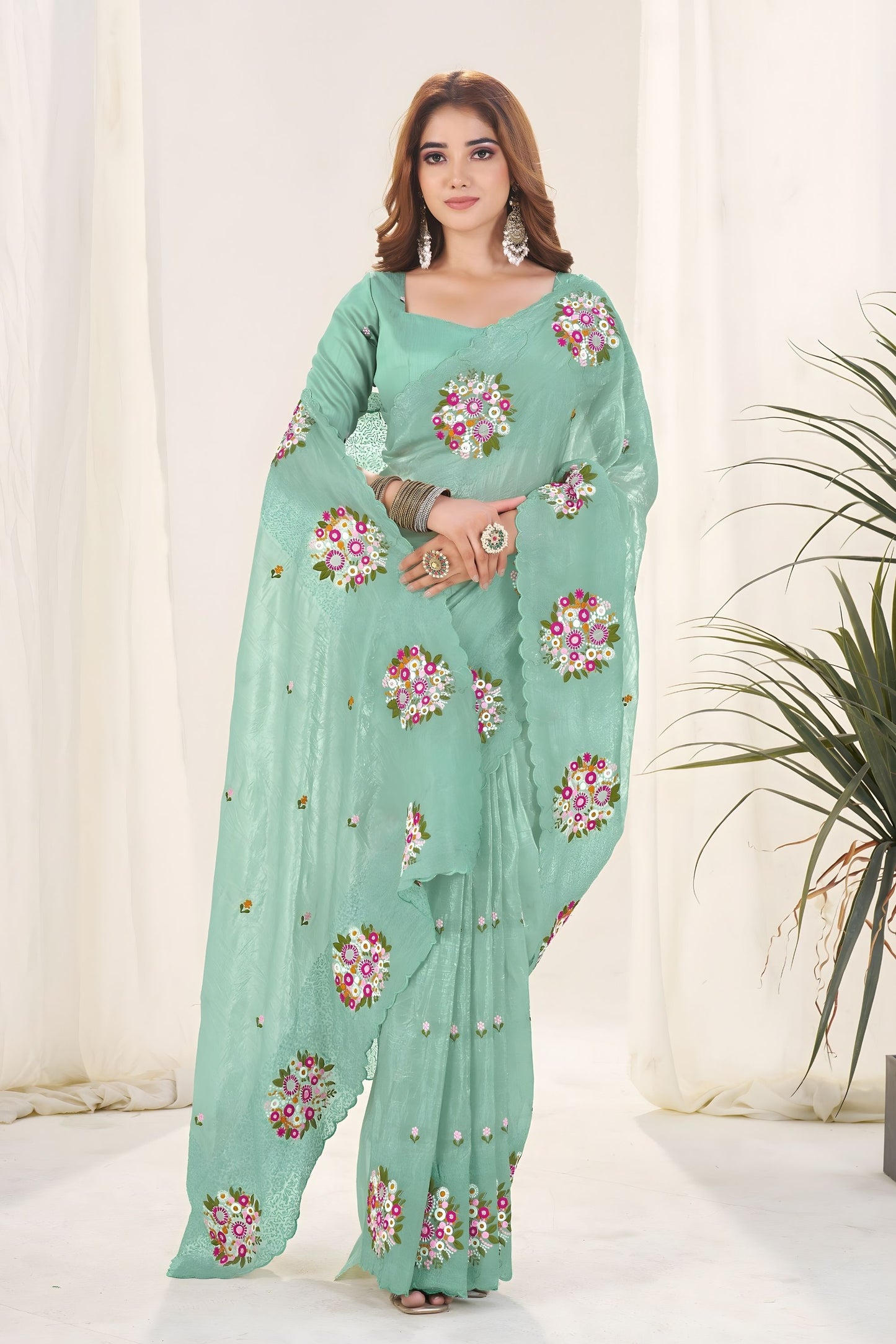 Mint Green Organza Saree Floral Embroidery Work Designer Blouse