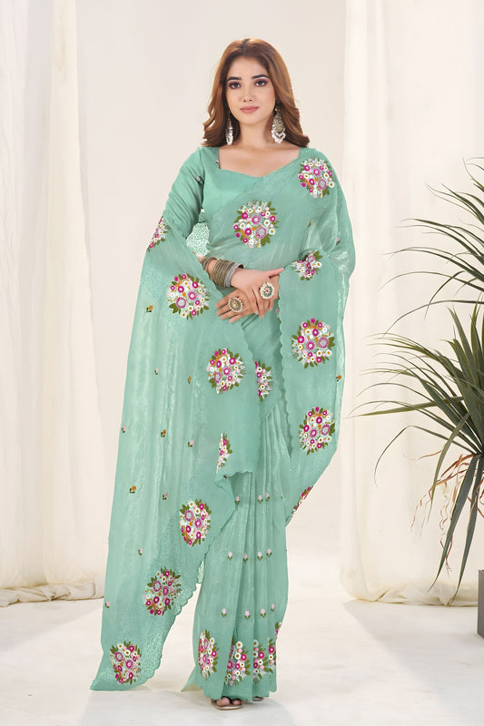 Mint Green Organza Saree Floral Embroidery Work Designer Blouse