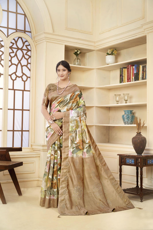Royal Brown Linen Silk Saree with Abstract Floral Print and Subtle Zari Detailing