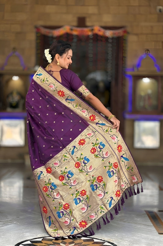 Wine Purple Floral Woven Linen Silk Saree Designer Peacock Border