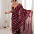 Wine Maroon Organza Silk Saree Golden Zari Embroidery Designer Blouse