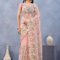 Peach Pink Floral Embroidered Net Saree with Designer Border