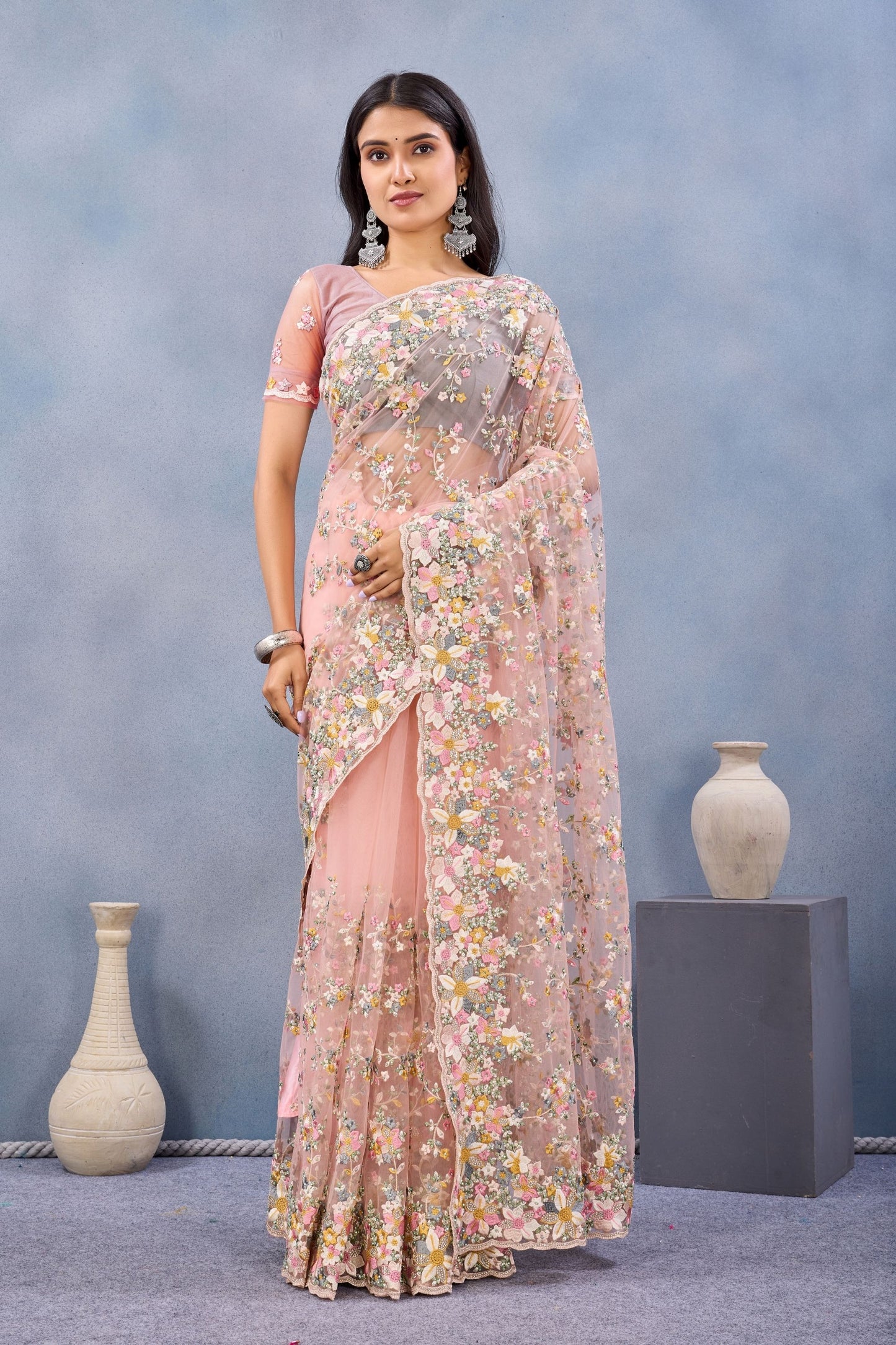 Peach Pink Floral Embroidered Net Saree with Designer Border