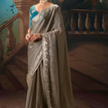 Grey Designer Saree with Silver Zari Border Teal Blue Blouse 